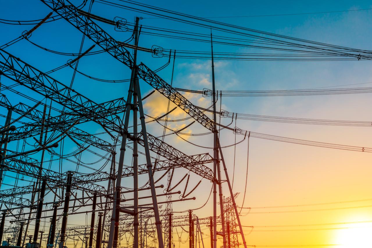 Power infrastructure at sunset